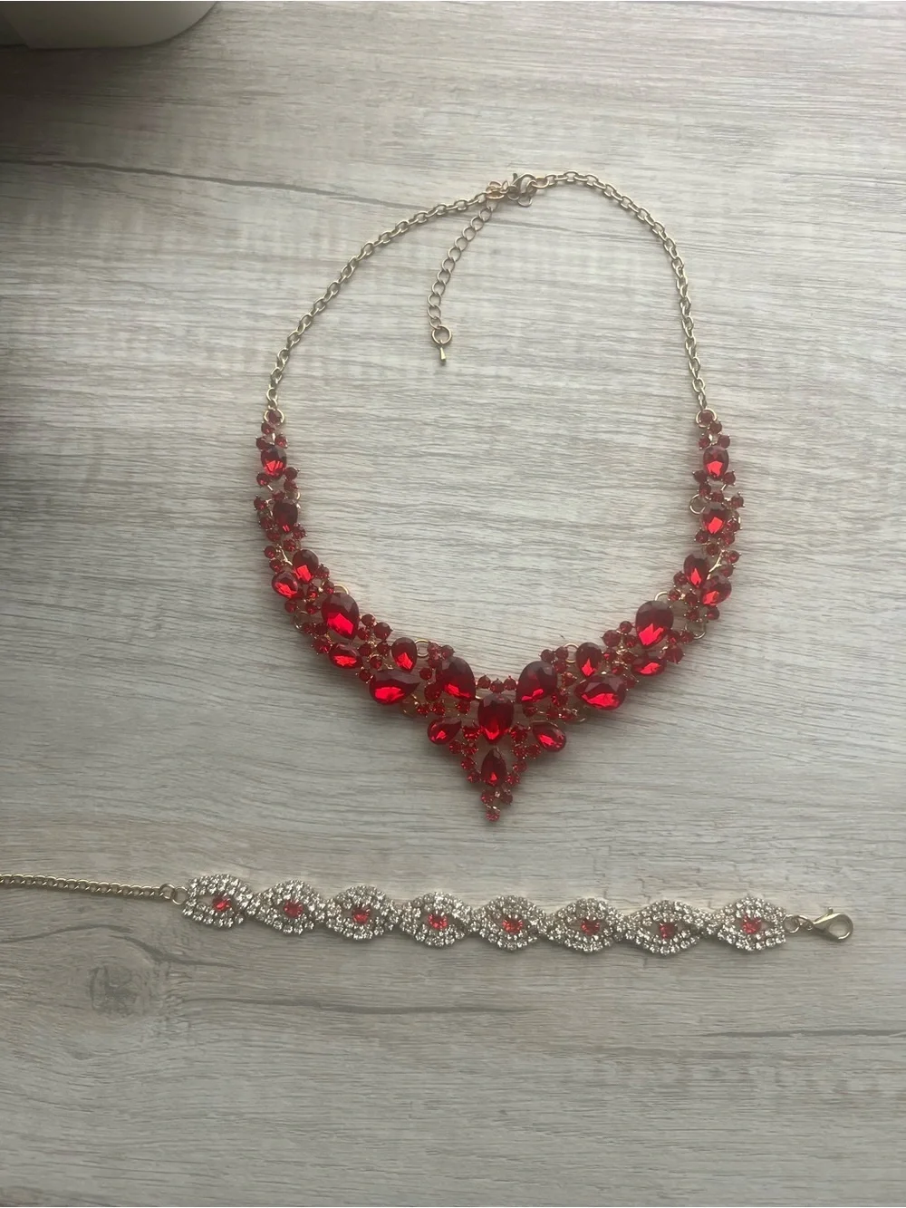 Crimson Red Rhinestone V-Shape Statement Necklace & Bracelet Set nip